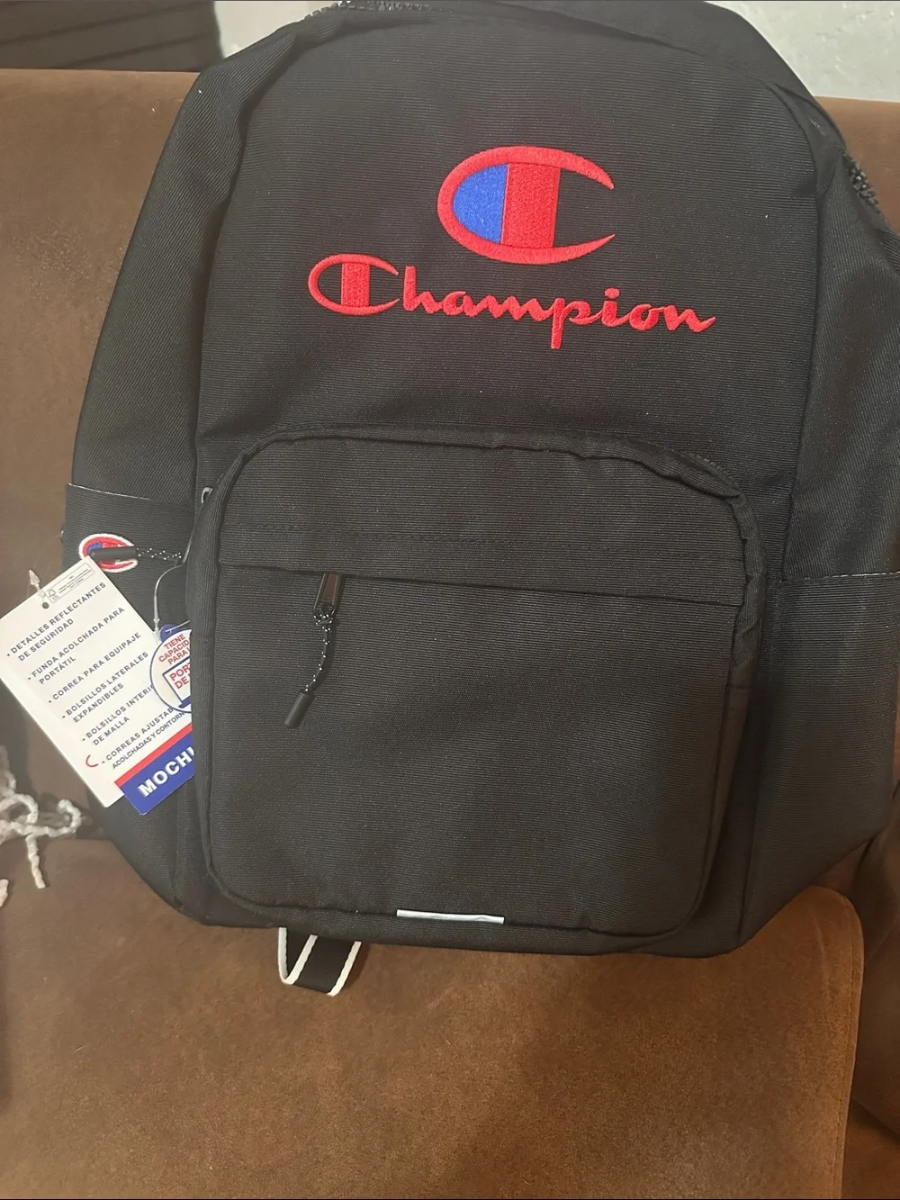 Champion Black Backpack with Red & Blue Logo Embroidery